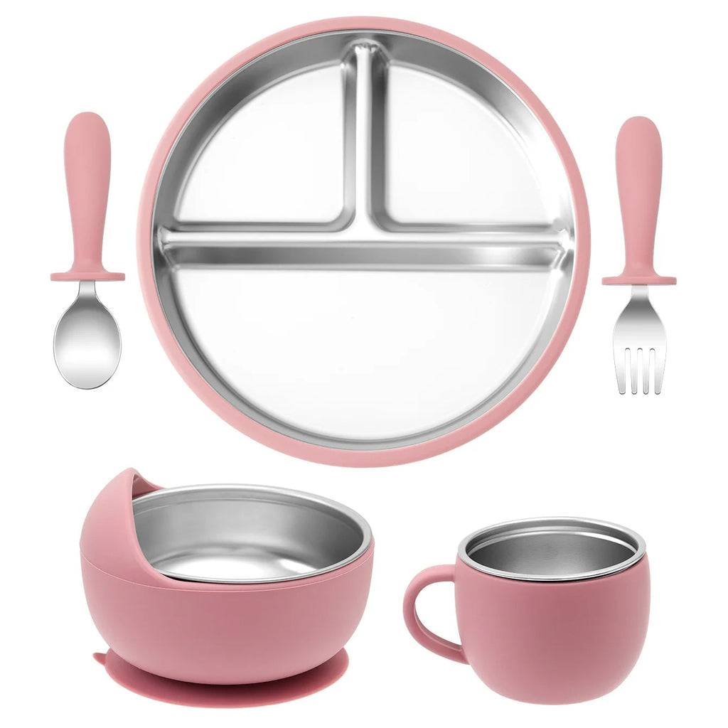 5PCS Stainless Steel Dishes Plate Baby Feeding Set With Detachable Silicone Sucker Bowl BPA Free Infant Fork Spoon Cup Gifts Purest Peak