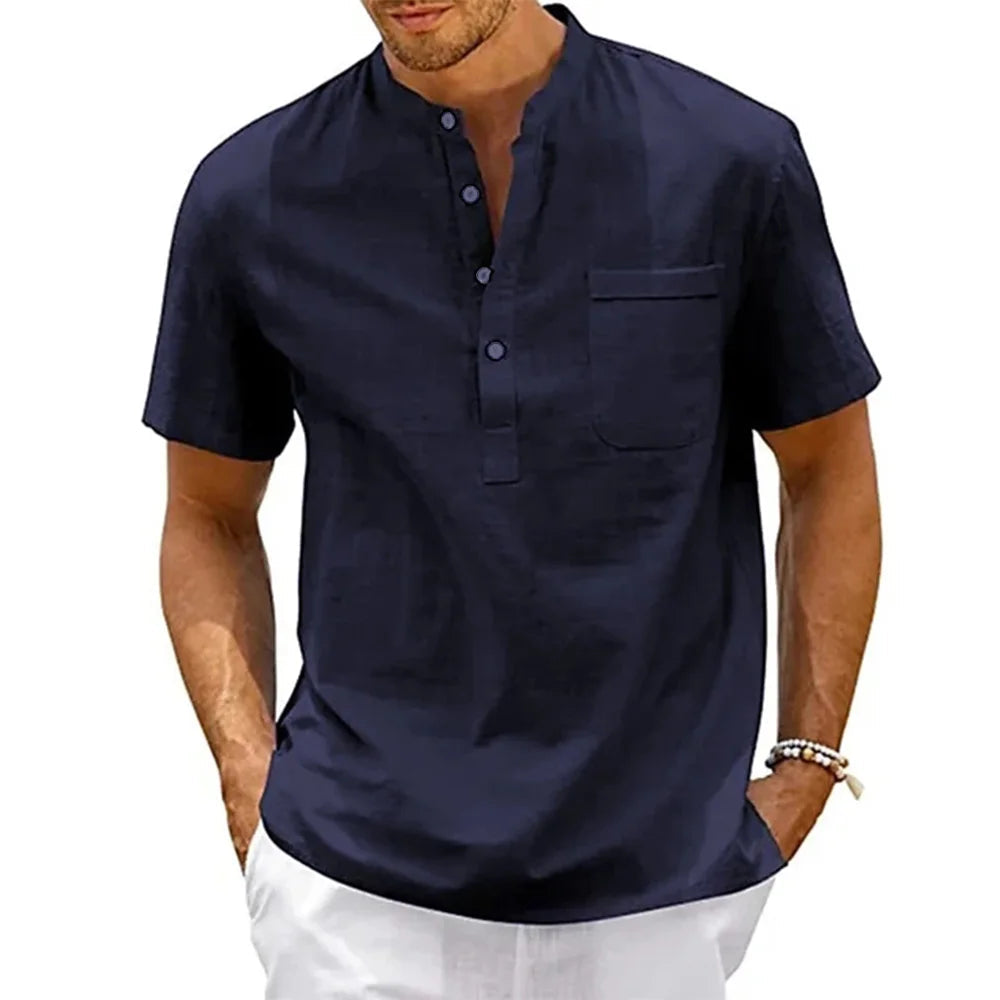 Cotton Linen Shirt Men Henley Neck Pocket Casual Beach Short Sleeve Solid Color Male Tops T-shirts Vintage Streetwear Quick Pick Grocers