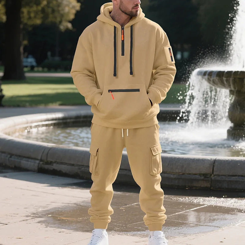 Men's sports suit style autumn and winter fleece men's casual sportswear zipper sweater multi-pocket work pants suit Quick Pick Grocers