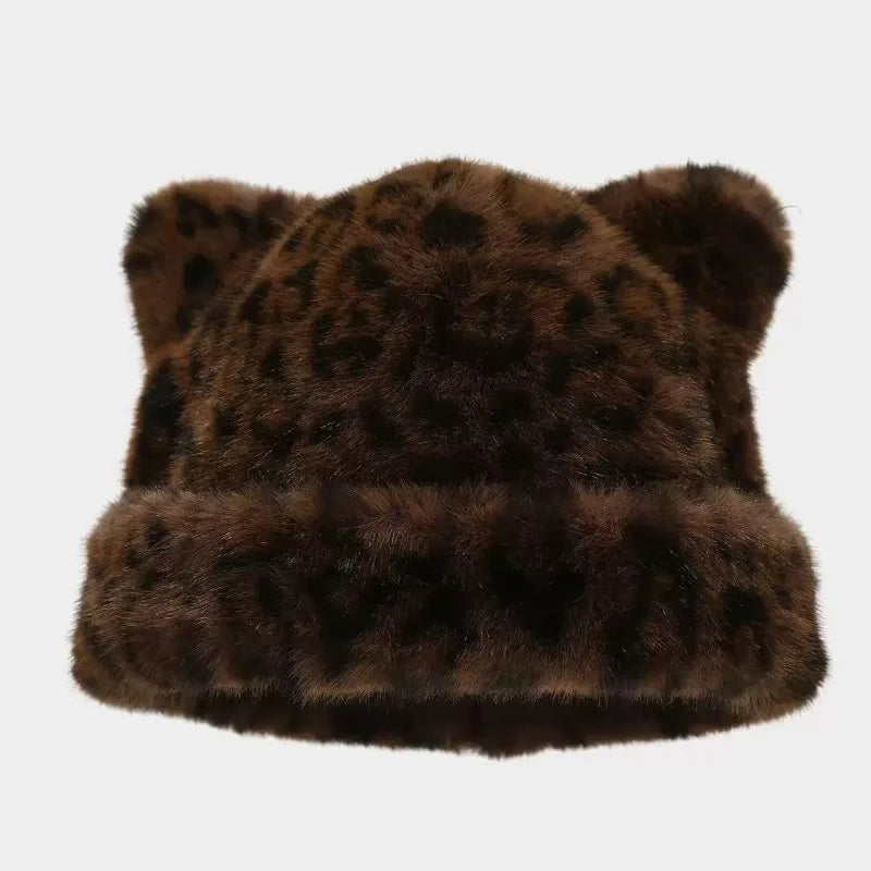 Leopard print plush teddy bear hat for women, sweet and cute, thick and warm, retro and versatile, hooded beanie. Purest Peak