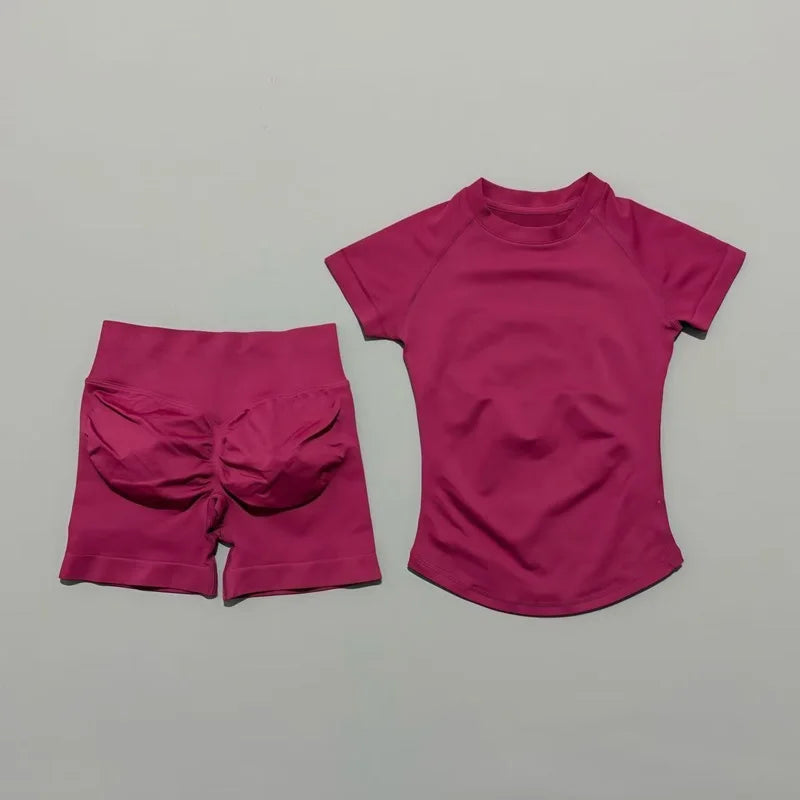 2 Pcs HISTELLO Sports Gym Sets Short Sleeve Seamless Yoga Clothing Fitness Set Women Workout Running Sports Short Leggings Suit Quick Pick Grocers