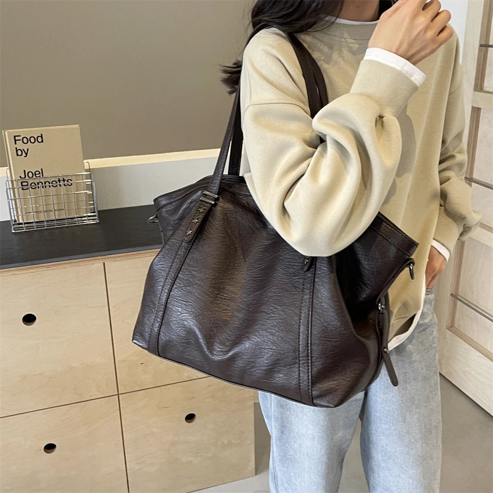 MOODS Large Sized Tote Bags For Women Soft PU Leather Pure Color Large Capacity Shopper Shoulder Crossbody Bag Quality Handbags Quick Pick Grocers