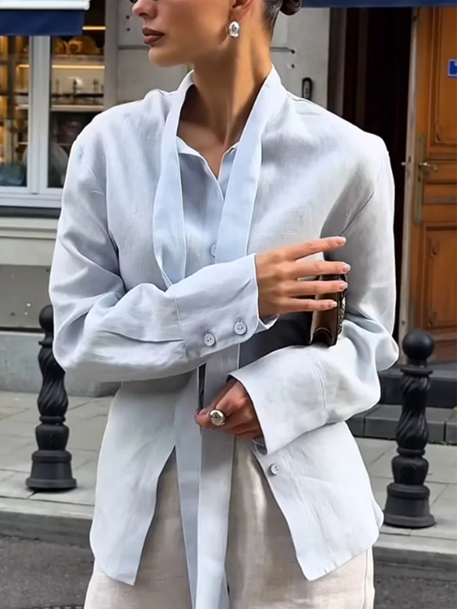 Wolfeel 100% Cotton New Autumn Tie Belted Shirt Women's  Floating Ribbon Cardigan Top Commuting Slim Blouse Quick Pick Grocers
