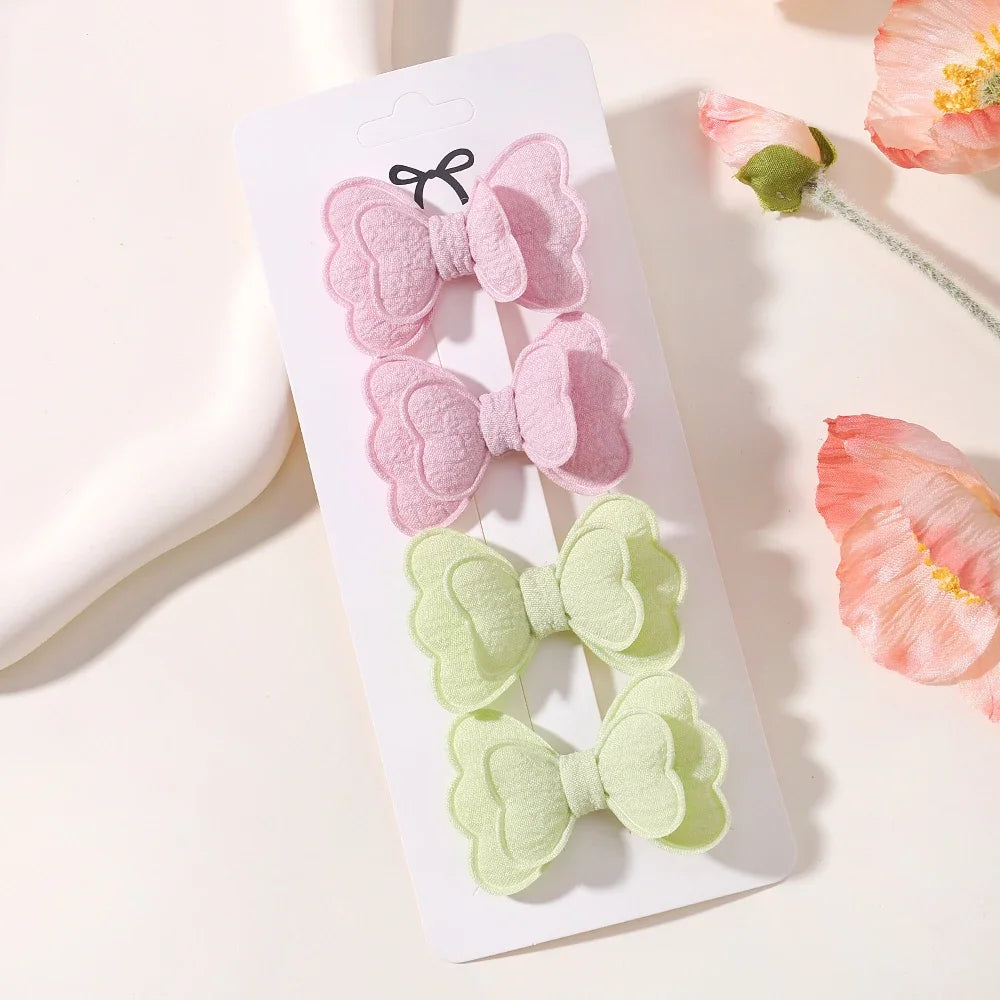 4Pcs/set Candy Colored Hair Clip Set for Girls Double Layered Bow Cute Bangs Hair Pin Cotton Safe Children's Hair Accessories Purest Peak