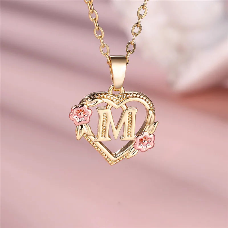 Female A-Z Letter Flower Pendant Necklace Yellow Gold Color Wedding Jewelry Gift For Women Quick Pick Grocers