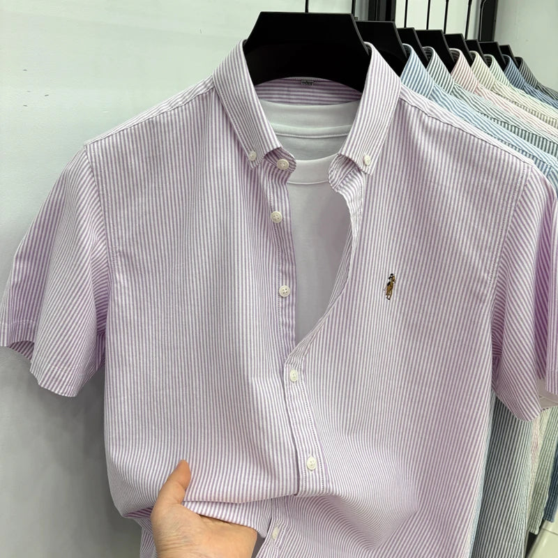 High End Brand Embroidered Striped Shirt Men's Short Sleeved Lapel Business Breathable Shirt Summer New Pure Cotton Jacket Quick Pick Grocers