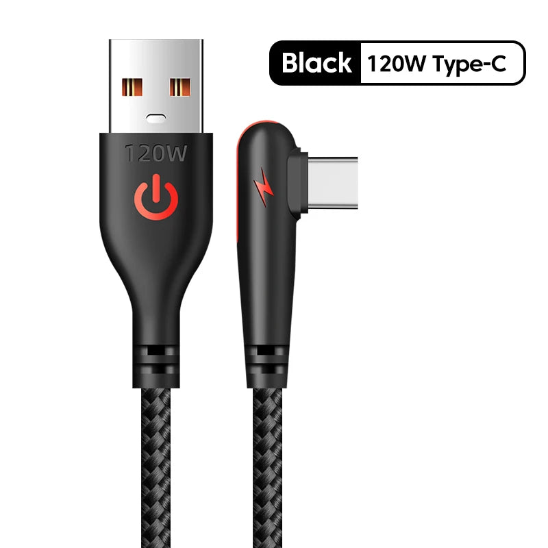 120W USB To Type-C Cable 90 Degree Elbow Mobile Phone Fast Charging For Huawei Mate 40 30 Xiaomi Samsung Phone Charging Cord Quick Pick Grocers