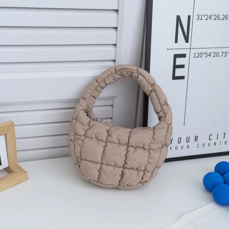 Fashion Mini Puffer Tote Bag Quilted Circle Phone Purse Elegant Purple Soft Nylon Padded Key Pouch Simple Trend Handbag Econic Blanks