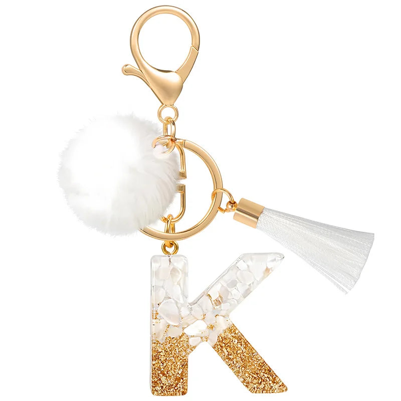 Creative Resin Initials White Fringe Fur Ball Women Keychain A-Z Letter Pendant Handbag Decor Car Key Ring Jewelry Gift Quick Pick Grocers