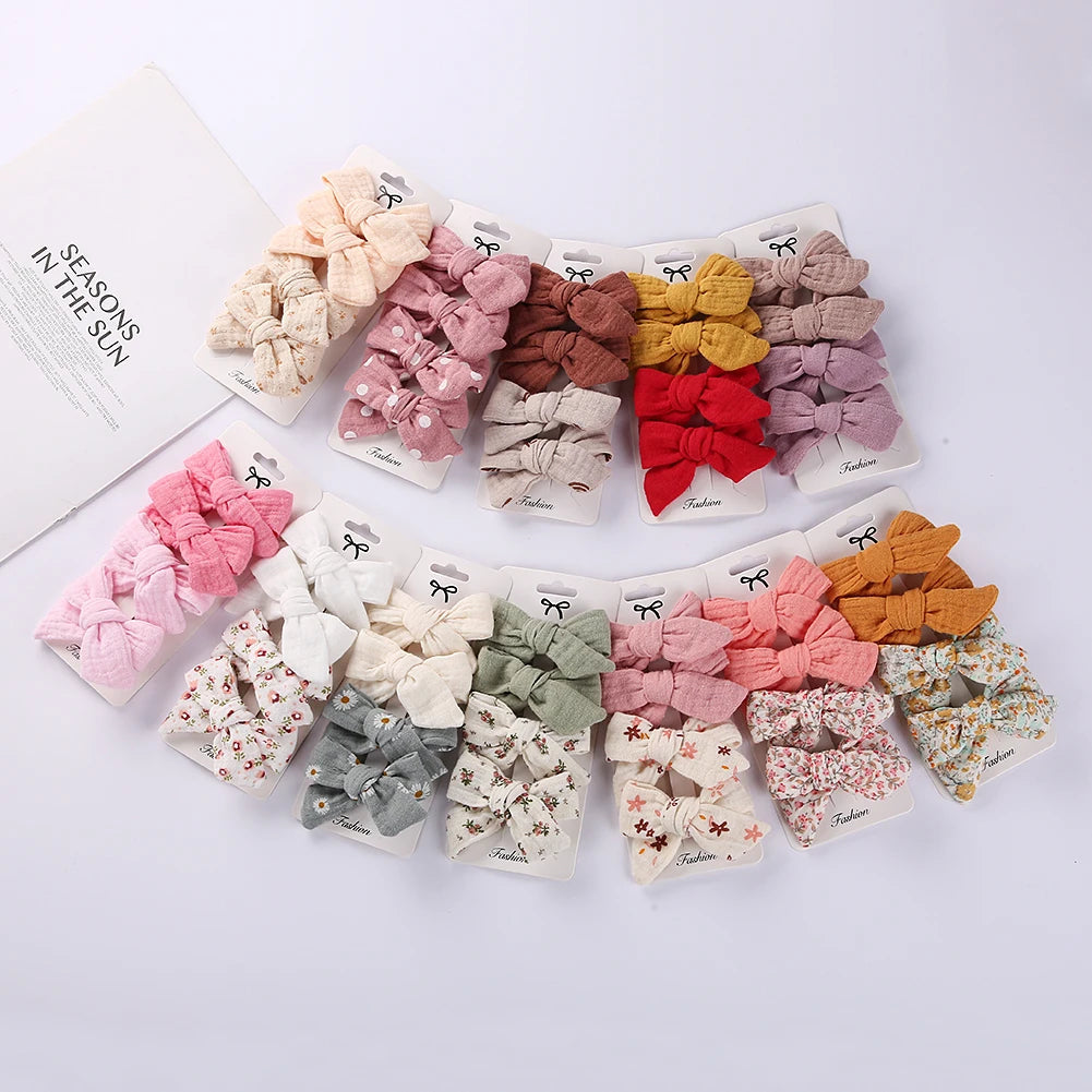 4Pcs/Set Baby Bows Hair Clips Muslin Girls Hairpins Hairclip For Kids Cotton Linen Barrette Flower Print Side Pin  Accessories Purest Peak