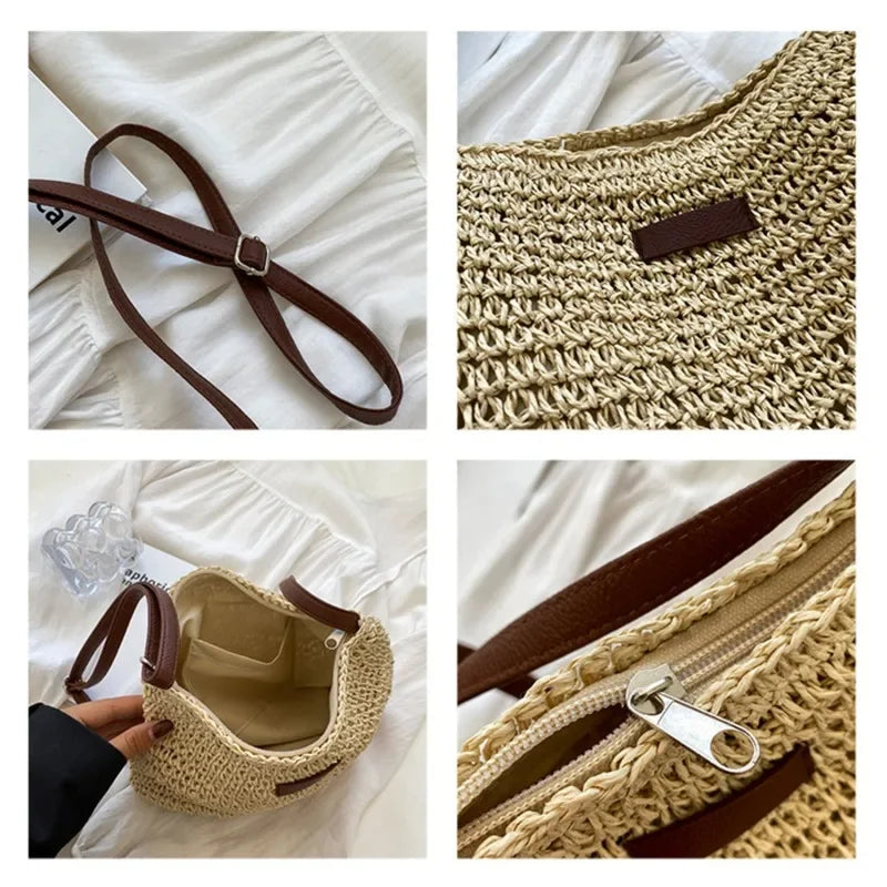 Ladies Fashion Summer Straw Crossbody Bag Women Beach Holiday Shopping Woven Shoulder Handbag Messenger Purses For Women Bags Quick Pick Grocers