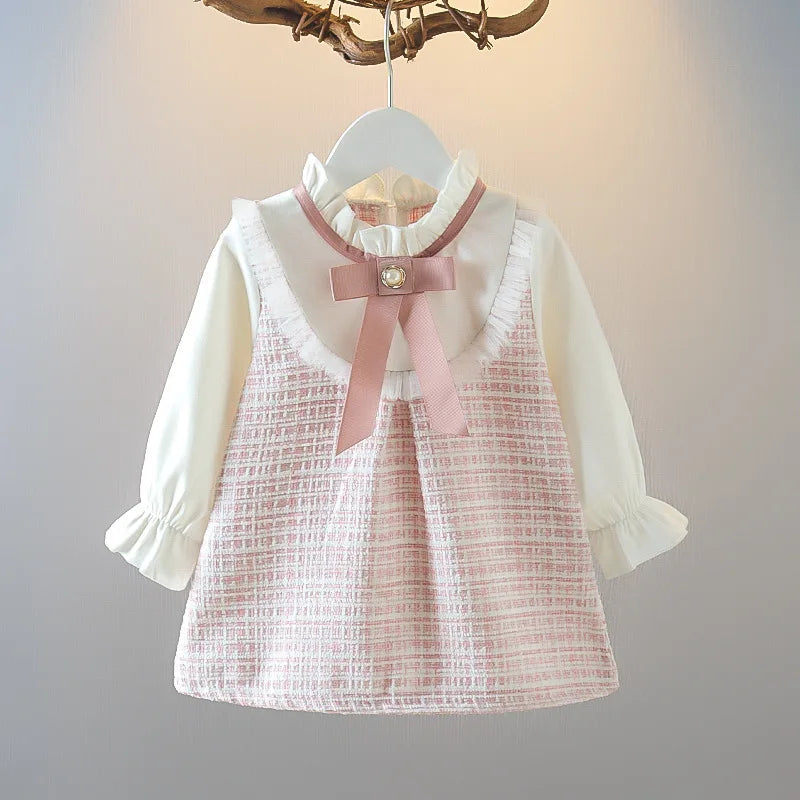 Long Sleeved Baby Girl Dress With Spring And Autumn Bow Lace Splicing Small Plaid Sweet Long Sleeved Dress Econic Blanks