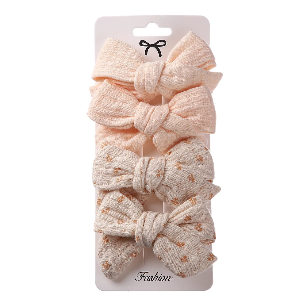4Pcs/Set Baby Bows Hair Clips Muslin Girls Hairpins Hairclip For Kids Cotton Linen Barrette Flower Print Side Pin  Accessories Purest Peak