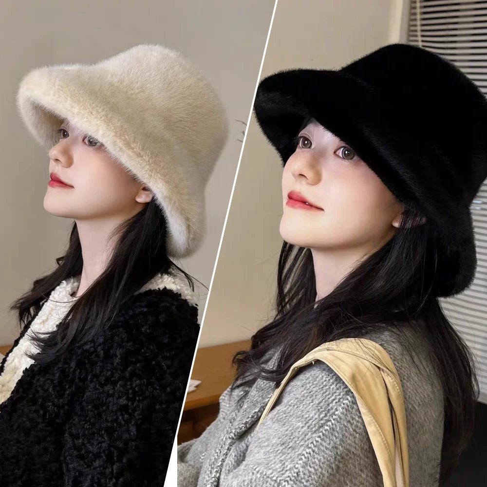 Fluffy Fur Fisherman Hat For Women Winter Plush Ear Protection Cap Windproof Warm Female Panama Caps Solid Fashion Bucket Hat Purest Peak