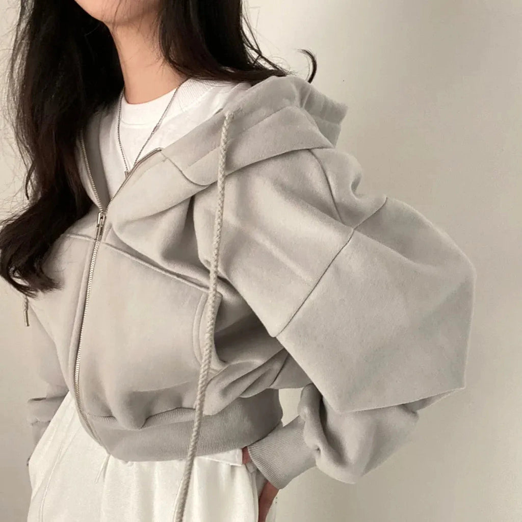 Casual Hood Sweatshirt Women Y2K Zip Up Hoodies Solid Harajuku Long Sleeve Shirt Oversized Crop Tops Female Loose Jackets Coat Econic Blanks
