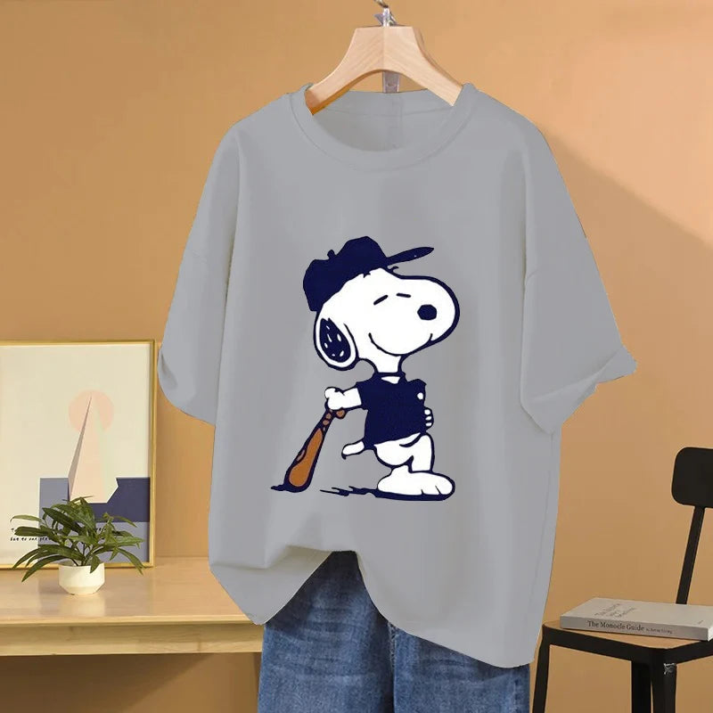Snoopy Baseball Cartoon Anime Women T-shirt Summer Short Sleeve 100% Cotton Men Tee Shirts Tops 2025 New Fashion Couple Clothes Quick Pick Grocers