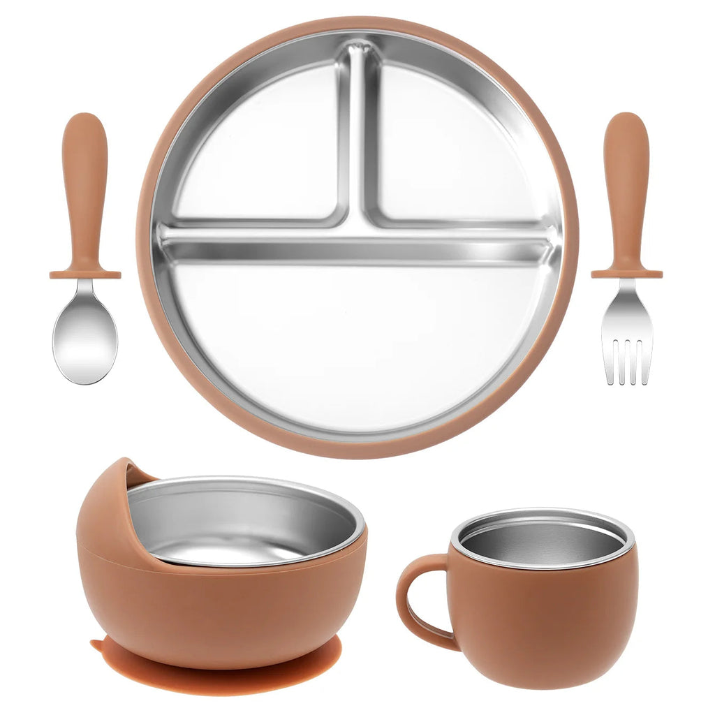 5PCS Stainless Steel Dishes Plate Baby Feeding Set With Detachable Silicone Sucker Bowl BPA Free Infant Fork Spoon Cup Gifts Purest Peak
