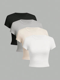 4 pieces Solid color basic short sleeved tight fitting T-shirt for women's casual summer minimalist women's style top O-neck Quick Pick Grocers