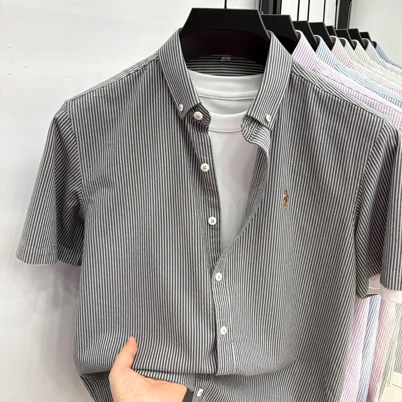 High End Brand Embroidered Striped Shirt Men's Short Sleeved Lapel Business Breathable Shirt Summer New Pure Cotton Jacket Quick Pick Grocers