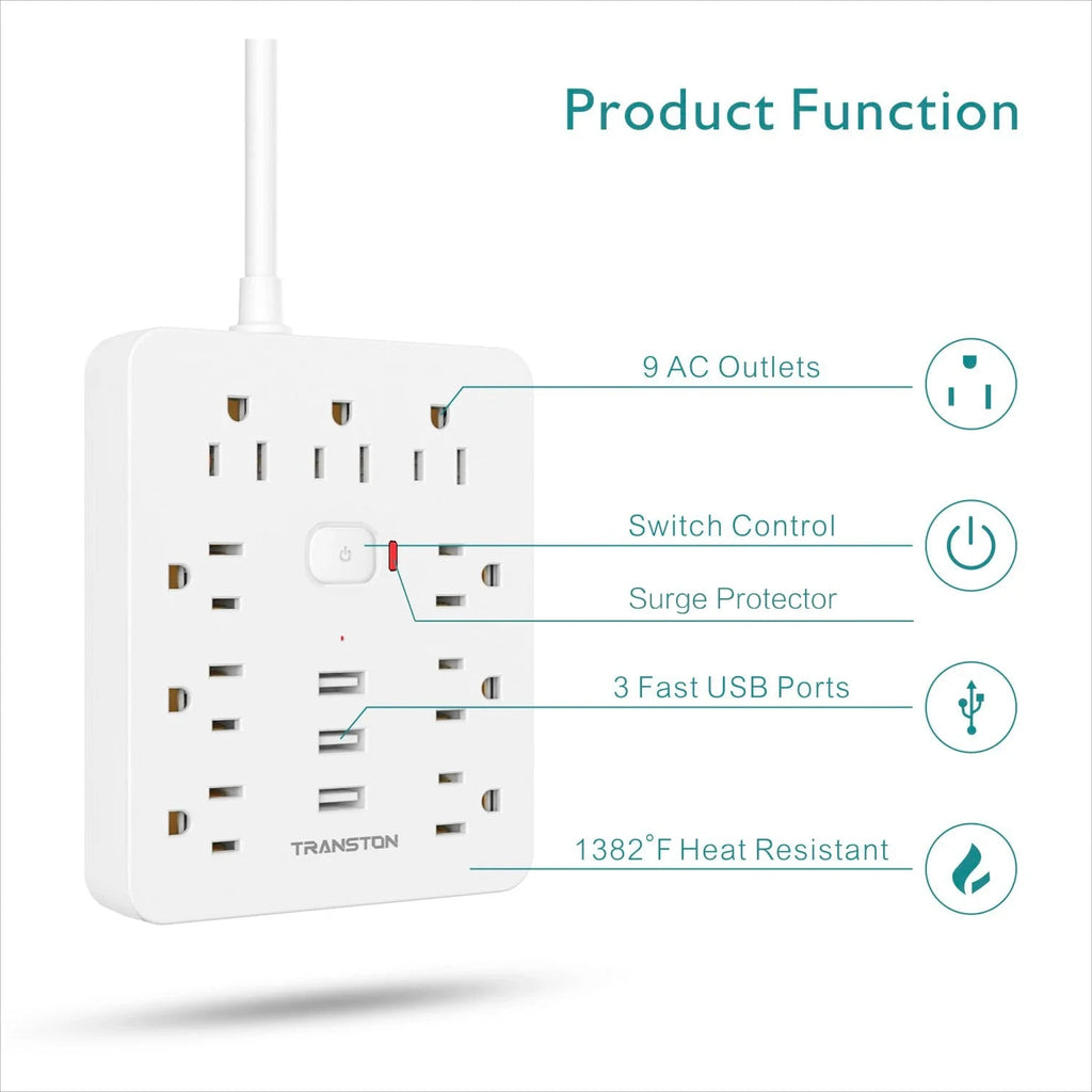 Power Outlet with Surge Protector, 9 sockets 3 USB Ports,5ft Extension Cord, Quick Charge, For Home and Office,White Econic Blanks