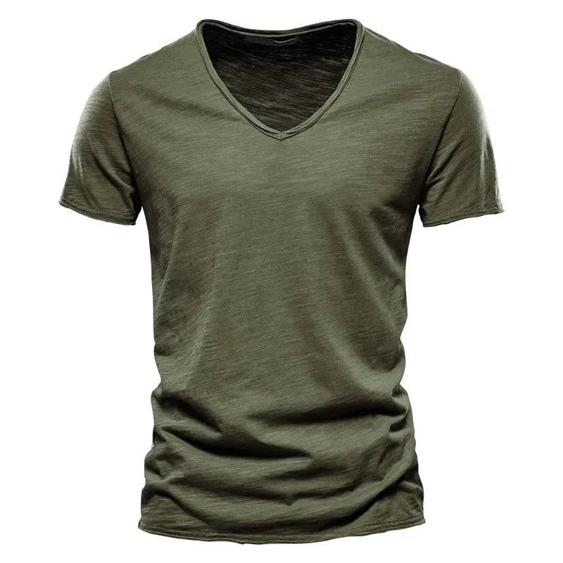 Brand Quality 100% Cotton Men T-shirt V-neck Fashion Design Slim Fit Soild Male Tops Tees Short Sleeve Quick Pick Grocers