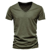 Brand Quality 100% Cotton Men T-shirt V-neck Fashion Design Slim Fit Soild Male Tops Tees Short Sleeve Quick Pick Grocers