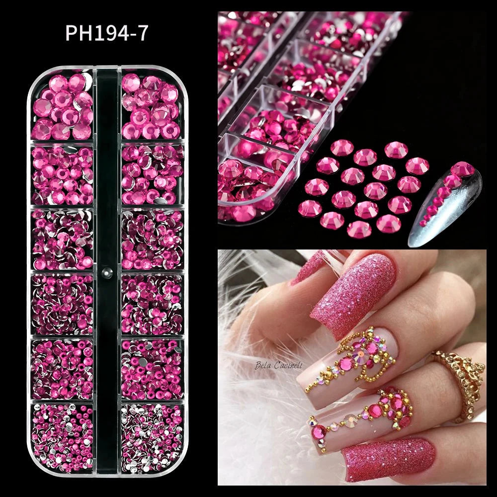 12Grids SS6-SS30 Mixed Nail Rhinestones Shiny Clear/Gold/Pink/Blue Diamond Flat-back Nail Gems Glass Stones Nails Decoration Econic Blanks