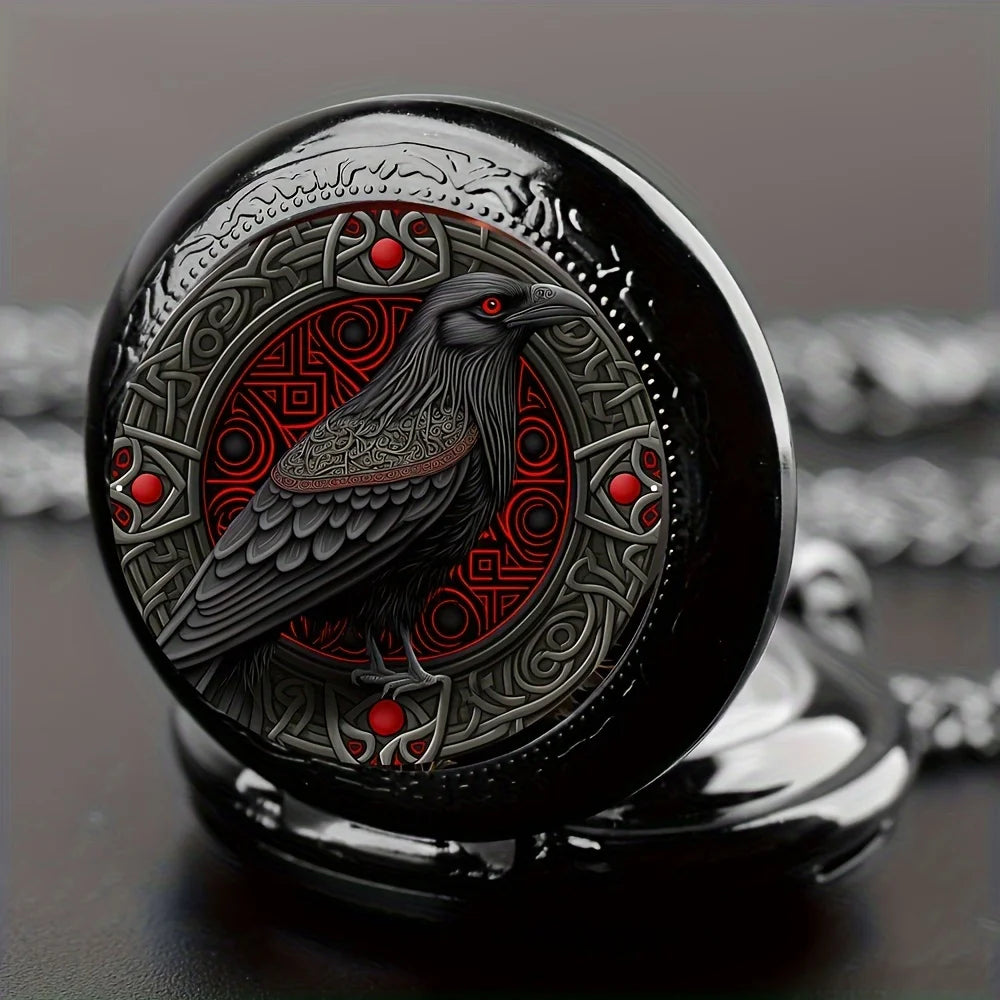 Gothic Design Black Raven Pocket Watch With Necklace Alloy Case & Band,Quartz Movement, Non-Waterproof Watch for Men Women Kids Quick Pick Grocers
