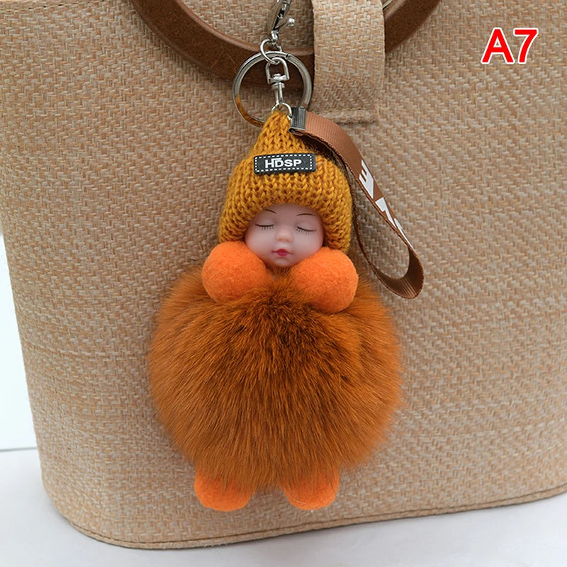 Pompom Sleeping Baby Keychain Cute Fluffy Plush Doll Keyholder Women Girl Bags Keyrings Cars Key Ring Gift Charming Decoration Quick Pick Grocers