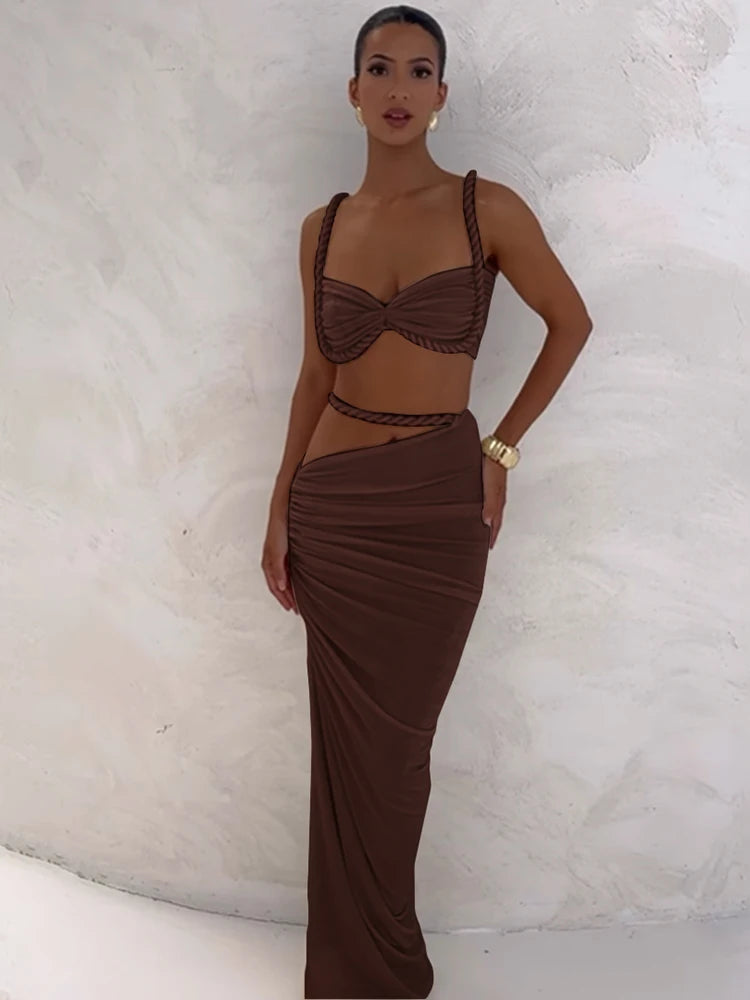 kliou Woven Sexy Women 2 Piece Set Stunning Hot Solid Pleated Crop Camisoles+High Waist Maxi Skirts Female Trend Vacation Outfit Quick Pick Grocers