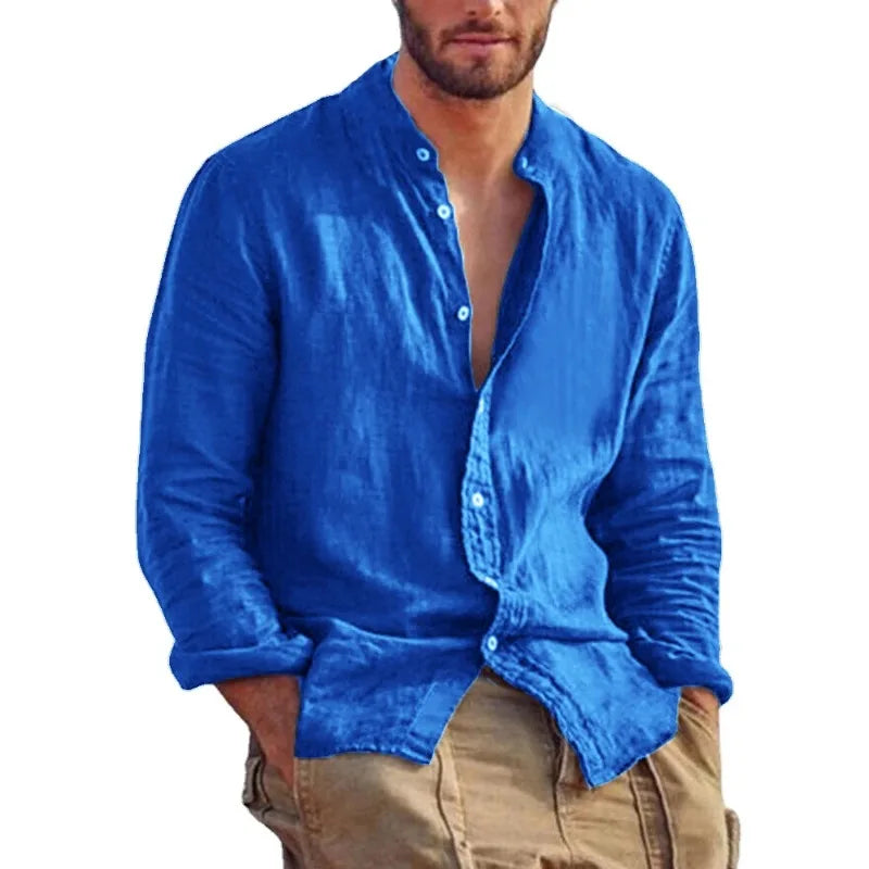 Sweatwear Men's Long Sleeve Shirt Linen Solid Color Shirts Trend Stand Collar Casual Lightweight Breathable Tops Hawaiian Shirt Quick Pick Grocers