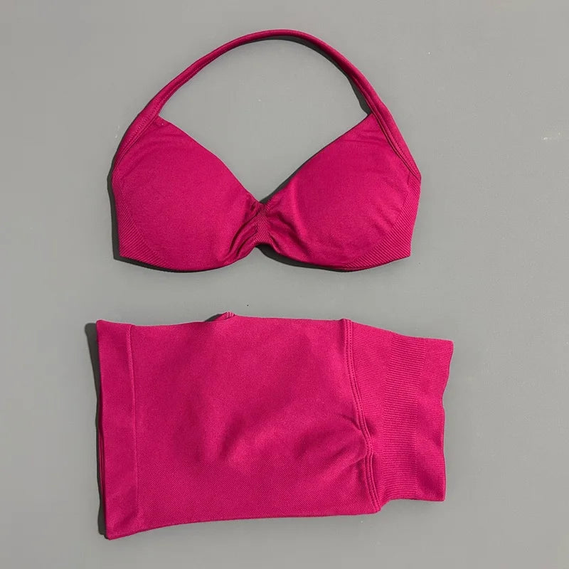 HISTELLO Gym Set 2 Piece Women Strappy Yoga Bra Top Workout Scrunch Shorts Sports Suit Fitness Clothes Seamless Yoga Set Quick Pick Grocers