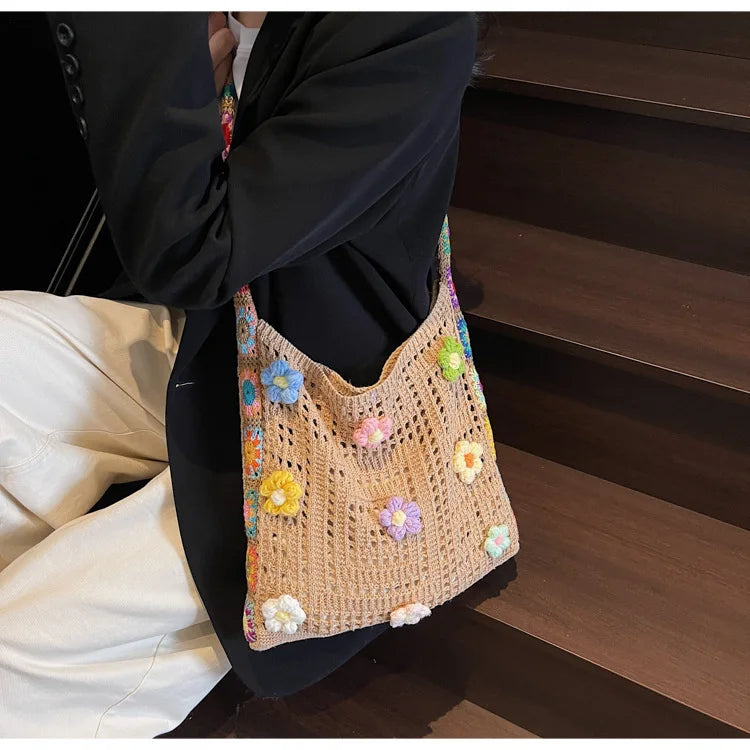 Women's Boho Crochet Bag Designer Flowers Knitted Handbags Large Capacity Summer Beach Woven Shoulder Bag Girls Tote Shopper Bag Quick Pick Grocers