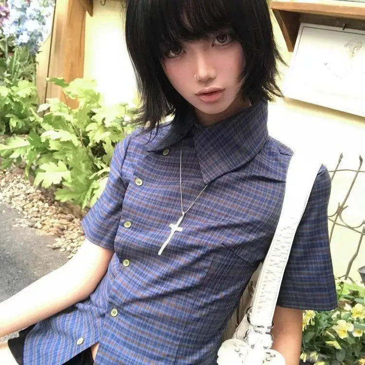 Genayooa Vintage Plaid Casual Shirt Women Short Sleeve Y2k Tops Japanese 2000s Summer Shirt Irregular American Retro 90s Tshirts Quick Pick Grocers