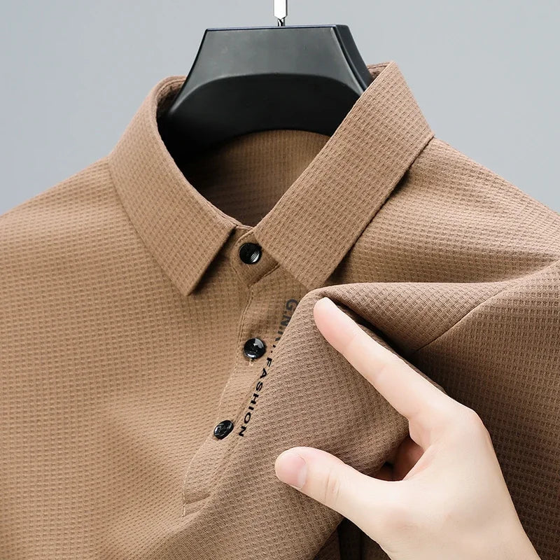 Men's Waffle Long Sleeved POLO Shirt with Letter Printed Lapel Casual Top Quick Pick Grocers