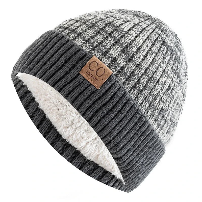 New Unisex Two-Tone Winter Hats Add Fur Lined Men And Women Fashion Warm Beanie Cap Casual Winter Knitted Hats Purest Peak
