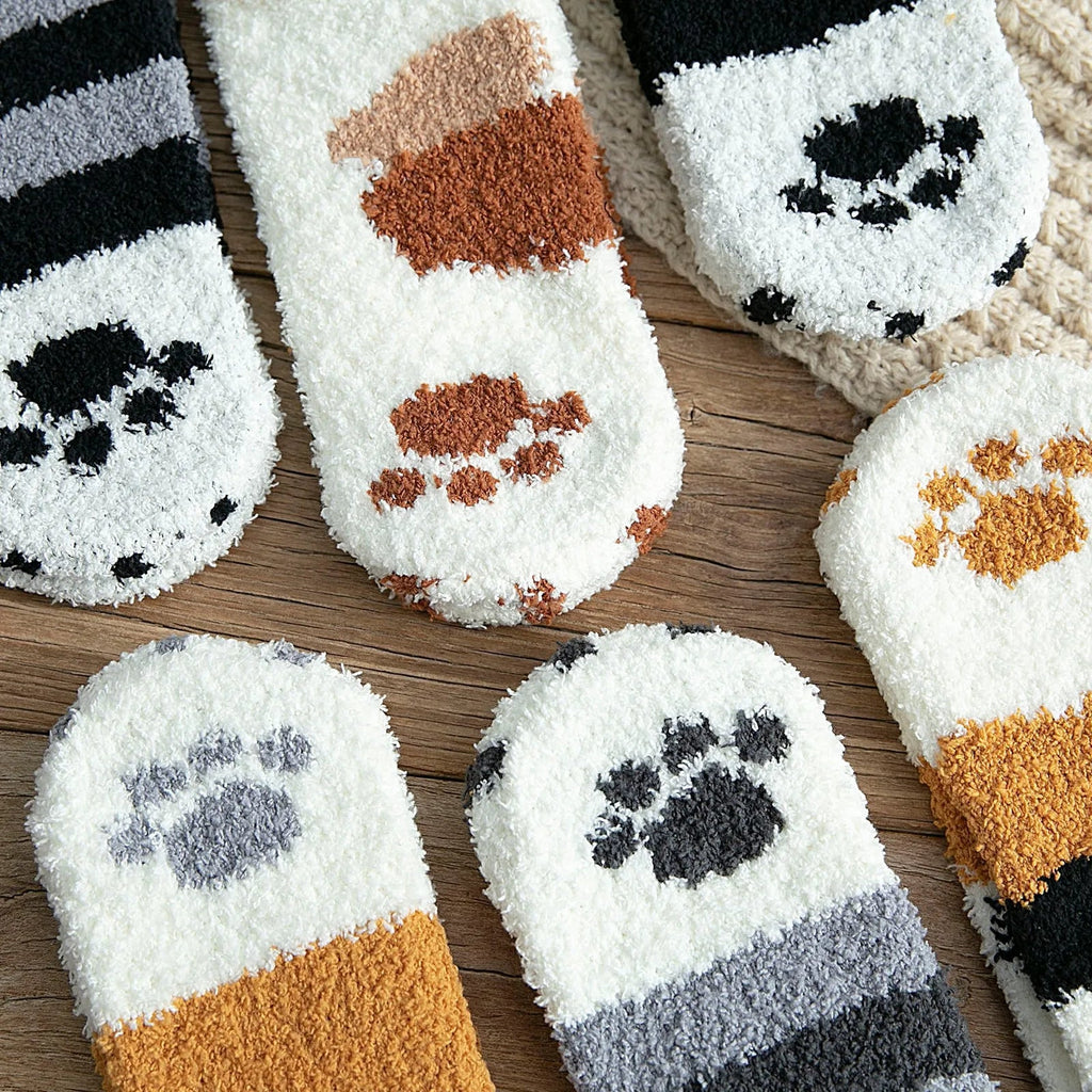 Women Winter Warm Fluffy Socks Cute Animal Claw Cat Paw Footprint Fuzzy Socks Female Thick Coral Fleece Home Floor Sleep Socks Purest Peak