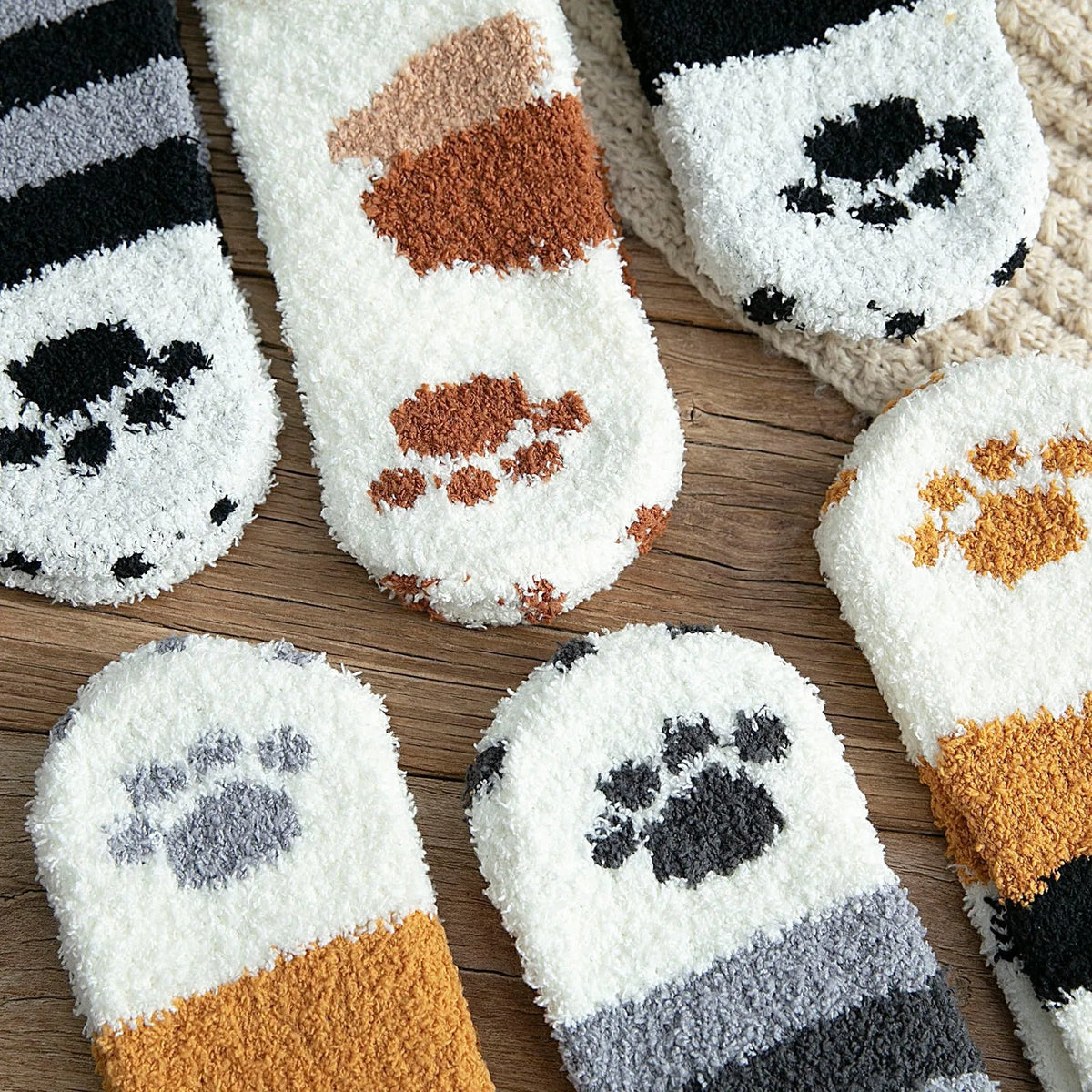 Women Winter Warm Fluffy Socks Cute Animal Claw Cat Paw Footprint Fuzzy Socks Female Thick Coral Fleece Home Floor Sleep Socks Purest Peak