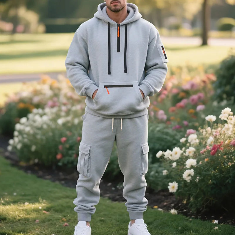 Men's sports suit style autumn and winter fleece men's casual sportswear zipper sweater multi-pocket work pants suit Quick Pick Grocers