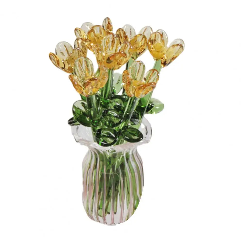 Glass Flower Decor Handcrafted Floral Sculpture Hand-blown Glass Flower Bouquet with Vase Mini Floral Decoration for Home Room Quick Pick Grocers