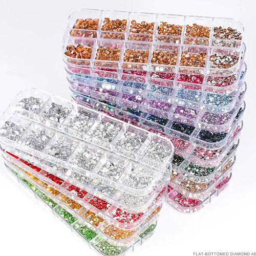 12Grids SS6-SS30 Mixed Nail Rhinestones Shiny Clear/Gold/Pink/Blue Diamond Flat-back Nail Gems Glass Stones Nails Decoration Econic Blanks