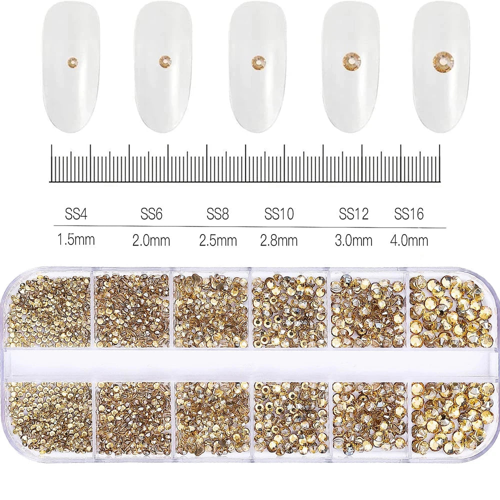 12Grids SS6-SS30 Mixed Nail Rhinestones Shiny Clear/Gold/Pink/Blue Diamond Flat-back Nail Gems Glass Stones Nails Decoration Econic Blanks