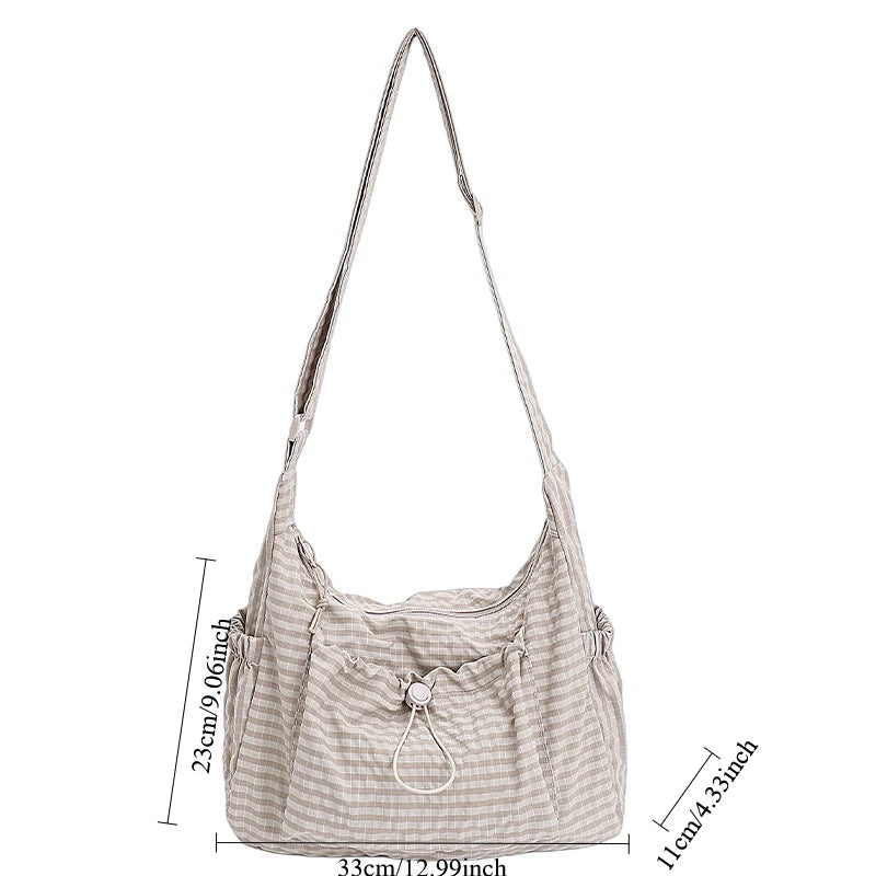 Korean Nylon Shoulder Bags Fashion Simple Plaid Zipper Tote Drawstring Pleated Cloud Bags New Commuter Crossbody Shoulder Bag Quick Pick Grocers