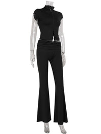 Ahagaga Sexy Women's Sets Short Sleeves Hollow Out Skinny Zipper Basic 2Pcs (Tops+Long Pants) High Street Turtleneck Reacksuits Quick Pick Grocers