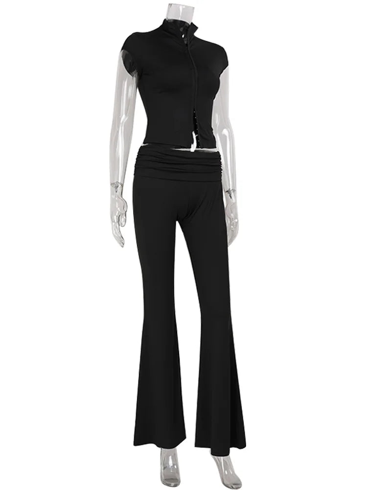 Ahagaga Sexy Women's Sets Short Sleeves Hollow Out Skinny Zipper Basic 2Pcs (Tops+Long Pants) High Street Turtleneck Reacksuits Quick Pick Grocers