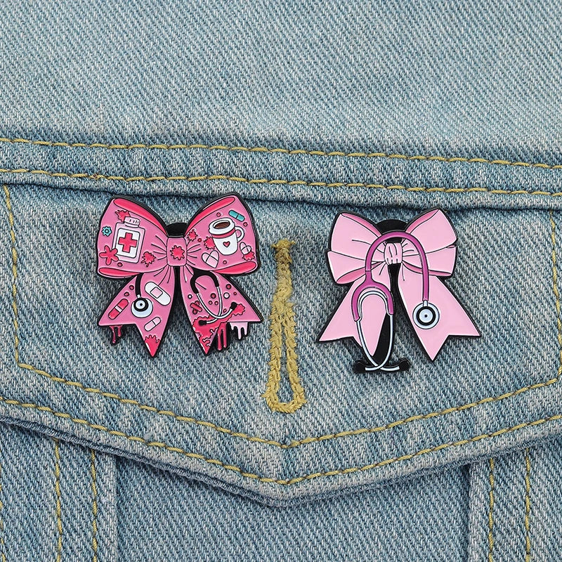 Pink Bowknot Medical Tools Stethoscope Enamel Pins Surgical Gloves Capsule Band Aid Brooches Clothes Lapel Badges Jewelry Gift Quick Pick Grocers