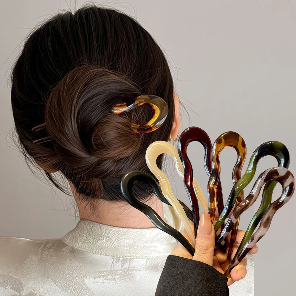 U-Shaped Hair Fork Fashion Tortoiseshell Acetate Acrylic Hairpin Geometric Headwear Hair Sticks Women Girls Hair Accessories Quick Pick Grocers