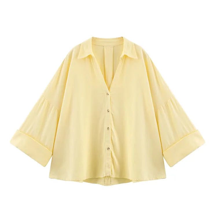 HipSeam Wide Sleeved Shirt Women Spring Asymmetric Hem Button Women's Shirts Simple Lady Johnny Collar Shirts & Blouses Quick Pick Grocers