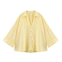 HipSeam Wide Sleeved Shirt Women Spring Asymmetric Hem Button Women's Shirts Simple Lady Johnny Collar Shirts & Blouses Quick Pick Grocers