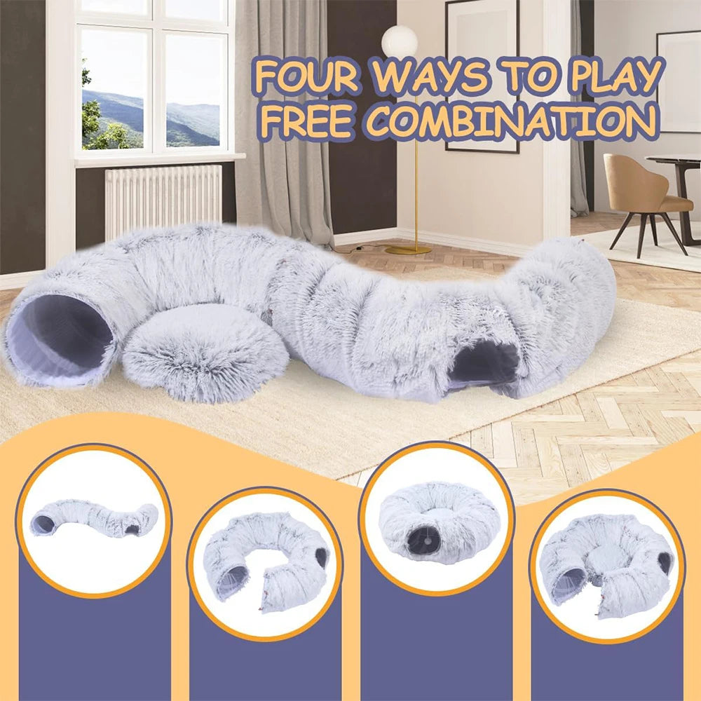Winter New Arrival Plush Cat Tunnel Bed Foldable Two-in-One round Warmth Pet Nest Thickened Cozy Cuddly Cat Hideaway Quick Pick Grocers